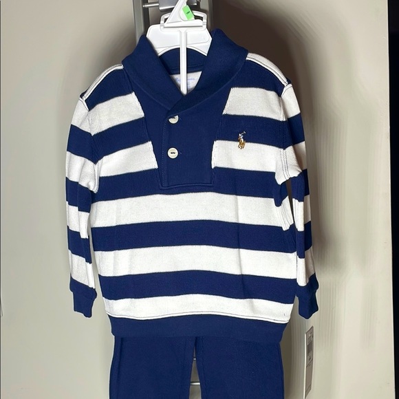 Ralph Lauren Blue and White Striped Sweater with Knit Fabric